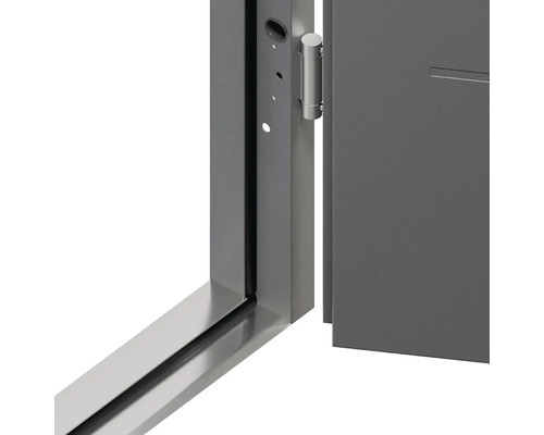 Detail šedých interiérových dveří s rámem a pantem