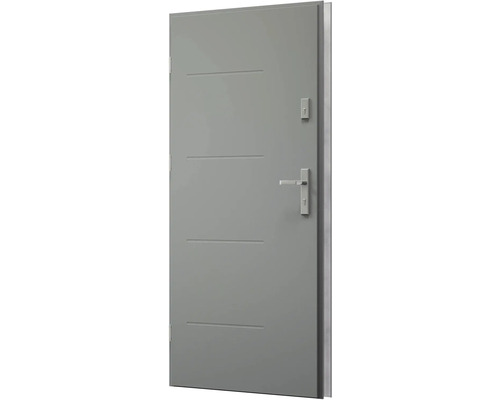 Šedé vchodové dveře s vodorovnými ozdobnými lištami, klikou a zámkem