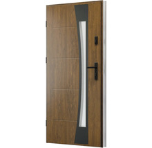 Moderní vchodové dveře se skleněnou vložkou a strukturou dřeva