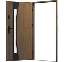 Otevřené dřevěné venkovní dveře se skleněnou vložkou