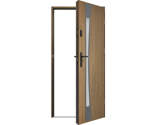 Otevřené dřevěné vchodové dveře se skleněným prvkem a tmavým rámem