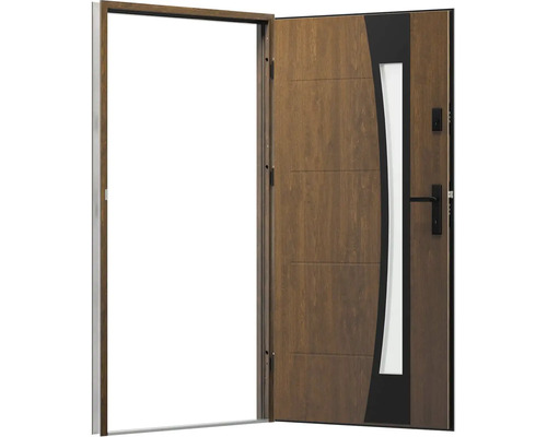 Otevřené vchodové dveře se skleněnou vložkou a vzhledem dřeva