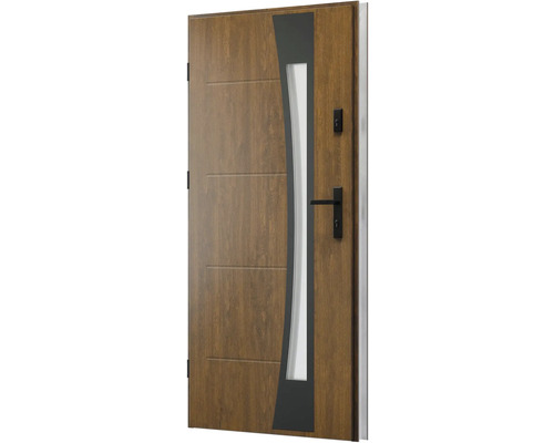 Moderní dřevěné vchodové dveře se skleněnou vložkou a černou klikou