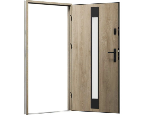 Otevřené vchodové dveře se skleněnou vložkou a zárubní