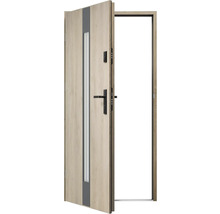 Otevřené vchodové dveře se skleněnou vložkou a bezpečnostním zámkem