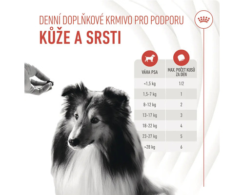 Doplňkové krmivo pro podporu kůže a srsti s doporučením krmení pro psy