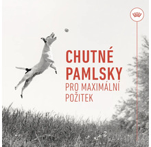 Pes skáče pro pamlsek. Text: Chutné pamlsky pro maximální požitek.