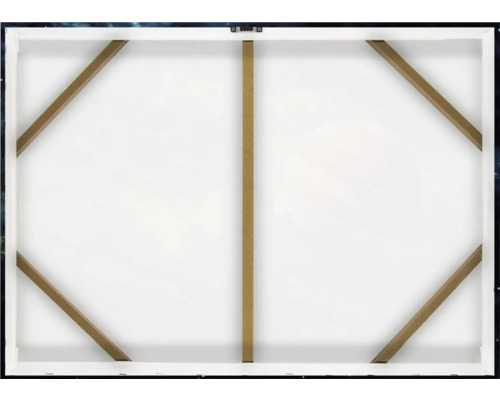 Zadní strana plátna s dřevěným rámem a závěsným zařízením.