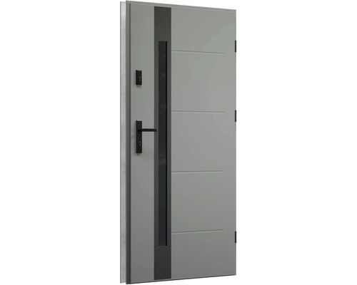 Šedé vchodové dveře se skleněnou vložkou a černou klikou