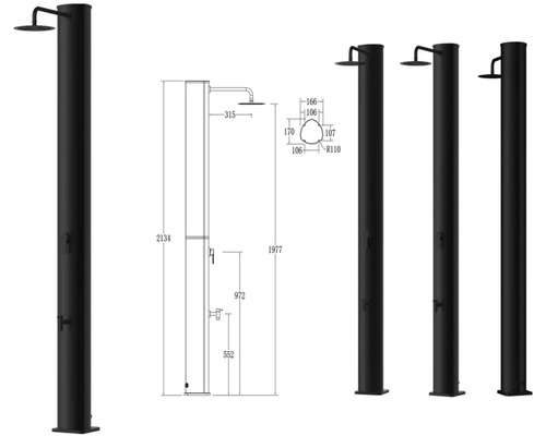Venkovní sprcha s hlavovou sprchou a rozměry