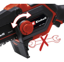 Logo Einhell. Ilustrace znázorňuje napínání řetězu řetězové pily bez použití nářadí.