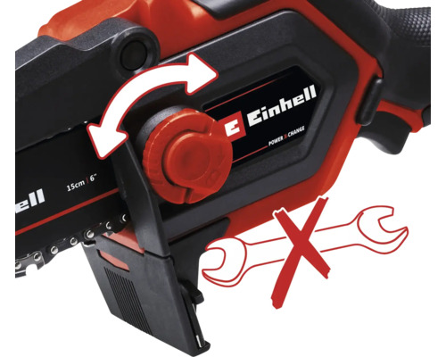 Logo Einhell. Ilustrace znázorňuje napínání řetězu řetězové pily bez použití nářadí.