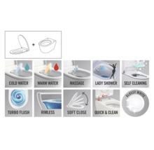 Funkce WC: studená voda, teplá voda, masáž, dámská sprcha, samočištění, turbo splachování, bezokrajové, Soft Close, Quick & Clean, lesklá bílá