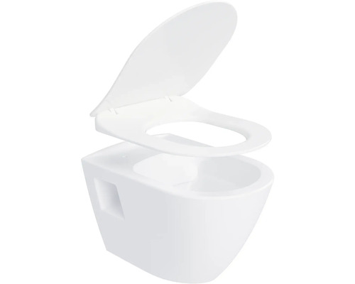 Závěsné WC s hlubokým splachováním s otevřeným splachovacím okrajem a WC sedátkem