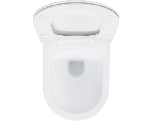 Bílé závěsné WC s otevřeným splachovacím okrajem a WC sedátkem