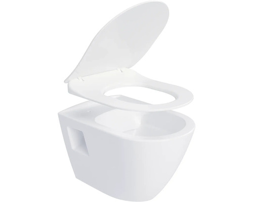 Závěsný hluboký splachovací záchod s otevřeným splachovacím kruhem a záchodovým sedátkem