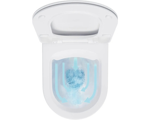 Bílá závěsná toaleta s otevřeným splachovacím kruhem a vířivkou