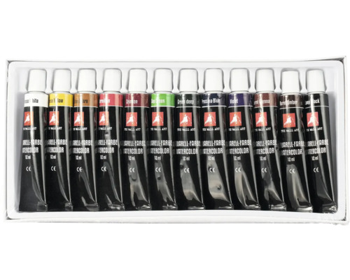 Akvarelové barvy 12 ks Sada akvarelových barev s různými odstíny v jednotlivých tubách.