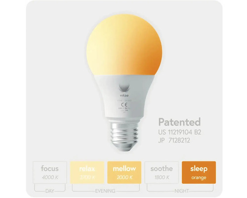 Žárovka s logem Vitae s různými teplotami barev pro soustředění, relaxaci, tlumené osvětlení, zklidnění a spánek