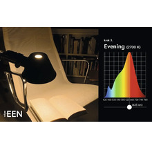 Čtecí lampa na židli s nastavením večerního světla a schématem světelného spektra