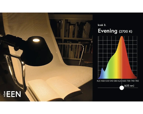 Čtecí lampa na židli s nastavením večerního světla a schématem světelného spektra