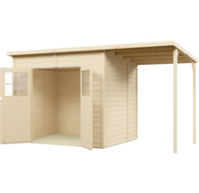 Dřevěný zahradní domek s otevřenými dveřmi a krytou verandou