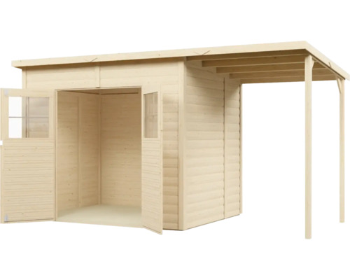 Dřevěný zahradní domek s otevřenými dveřmi a krytou verandou