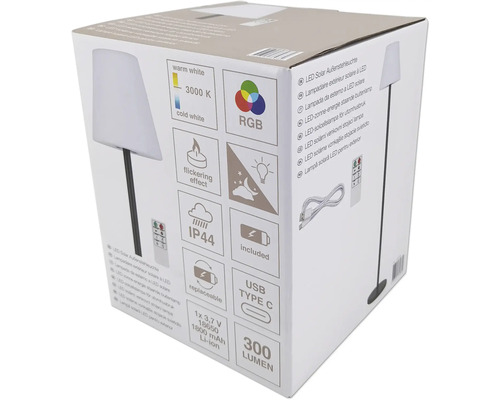 Balení solárního LED venkovního svítidla s technickými detaily, jako je teplé bílé světlo, 3000 Kelvinů, barevný režim RGB, efekt blikání, stupeň krytí IP44, včetně nabíjecího portu USB Type C a světelný tok 300 lumenů