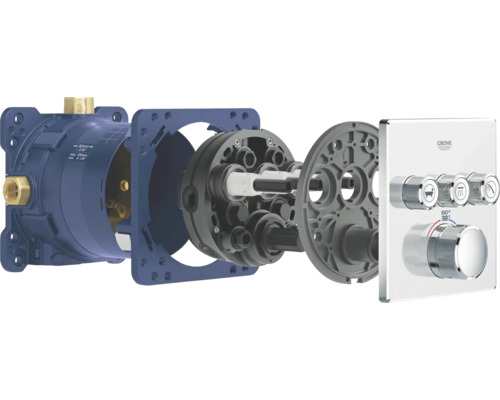 Rozložený pohled na podomítkovou termostatickou baterii Grohe pro sprchu a vanu.