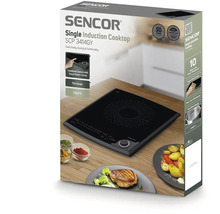 Jedno plotýnkový indukční vařič Sencor model SCP 3414GY v obalu produktu