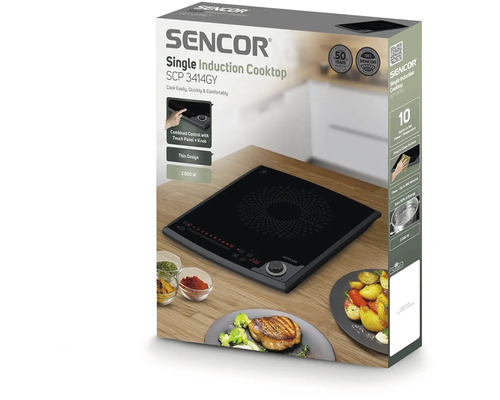 Jedno plotýnkový indukční vařič Sencor model SCP 3414GY v obalu produktu