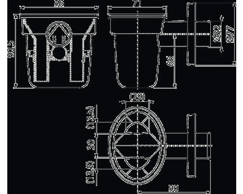 Technický výkres podlahového vpusti s rozměry
