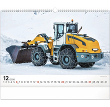 List kalendáře prosinec 2026 se žlutým kolovým nakladačem ve sněhu