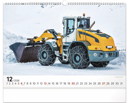 List kalendáře prosinec 2026 se žlutým kolovým nakladačem ve sněhu