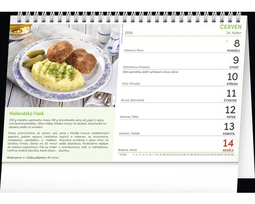 List kalendáře s fotografií holandských řízků, bramborové kaše a okurek