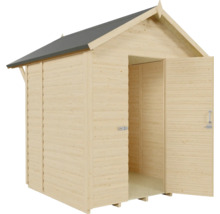 Dřevěný zahradní domek s otevřenými dvoukřídlými dveřmi