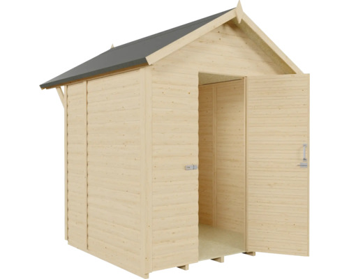 Dřevěný zahradní domek s otevřenými dvoukřídlými dveřmi