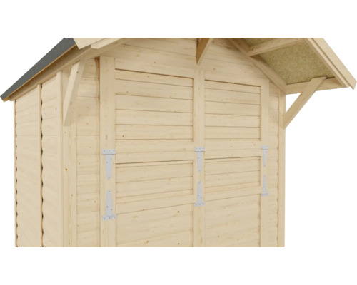 Detailní pohled na dřevěný zahradní domek s dvoukřídlými dveřmi a sedlovou střechou