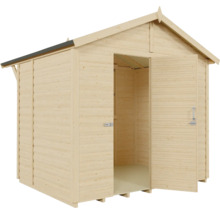 Dřevěný zahradní domek s otevřenými dveřmi