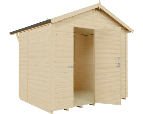 Dřevěný zahradní domek s otevřenými dveřmi