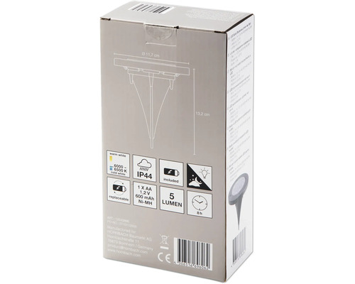 Balení solárního LED zemního svítidla s průměrem a dalšími informacemi o produktu