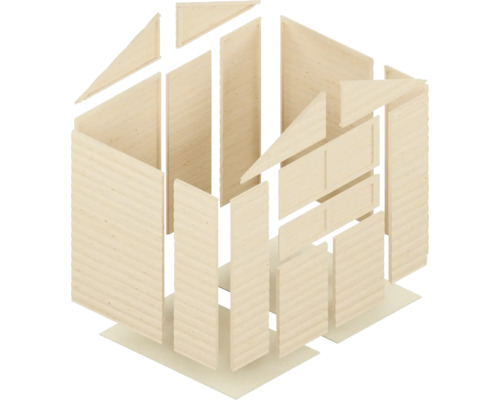 Dřevěná stavebnice zahradního domku s různými dřevěnými díly.