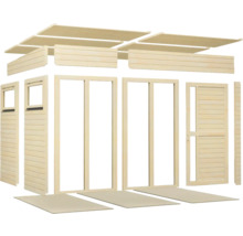 Dřevěná zahradní chata stavebnice se stěnami, dveřmi a střešními prvky