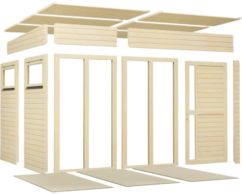 Dřevěná zahradní chata stavebnice se stěnami, dveřmi a střešními prvky