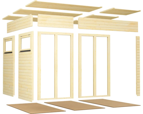 Dřevěná stavebnice s dřevěnými dveřmi, dřevěnými okny, dřevěnými stěnami a dřevěnou střechou