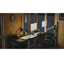 Kancelářské pracoviště se stolem, kancelářskou židlí a počítačem v dřevěném zahradním domku