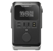 EcoFlow Powerstation s displejem zobrazujícím vstupní výkon, výstupní výkon a zbývající dobu provozu.