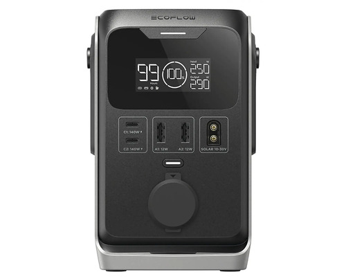 EcoFlow Powerstation s displejem zobrazujícím vstupní výkon, výstupní výkon a zbývající dobu provozu.