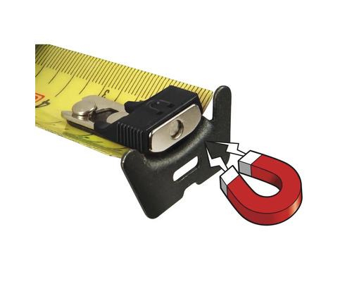 Detail žlutého svinovacího metru s magnetickým hákem