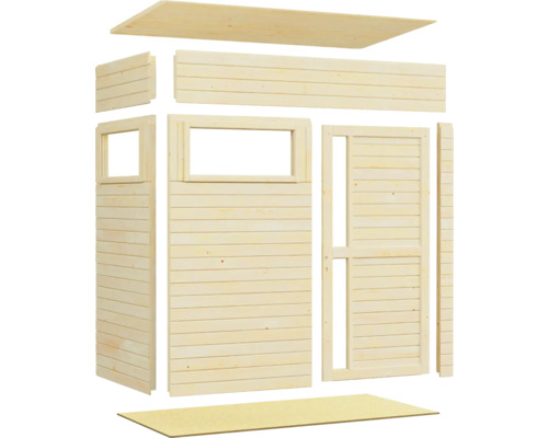 Stavebnice dřevěného zahradního domku s oknem a dveřmi